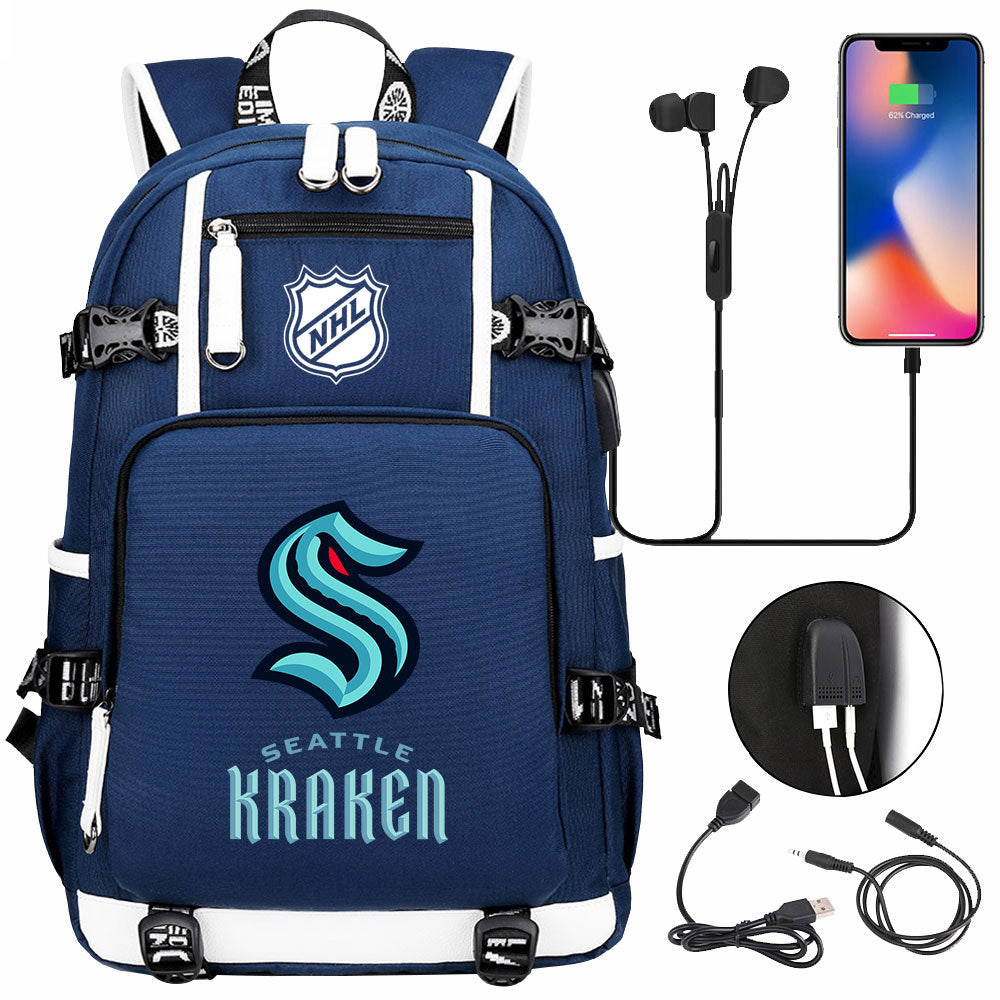 Seattle Kraken Hockey League USB Charging Backpack School Notebook Travel Bags