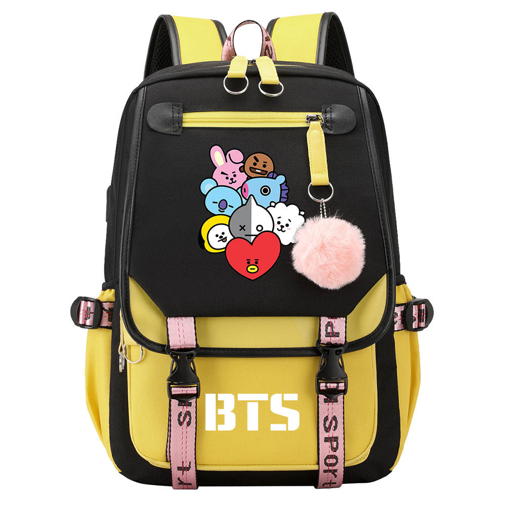 BTS Cartoon Waterproof Backpack School Notebook Travel Bag USB Charging