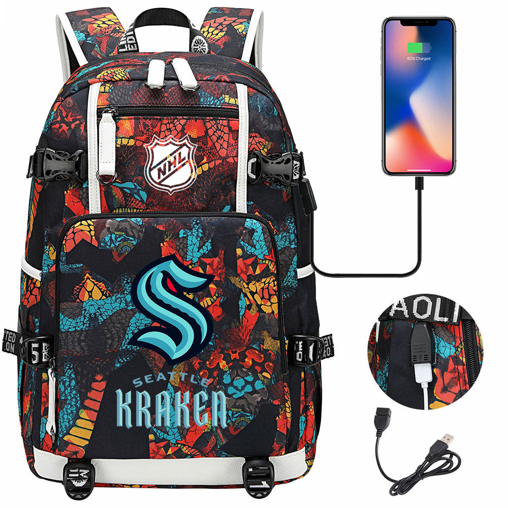 Seattle Kraken Hockey League USB Charging Backpack School Notebook Travel Bags