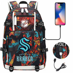 Seattle Kraken Hockey League USB Charging Backpack School Notebook Travel Bags