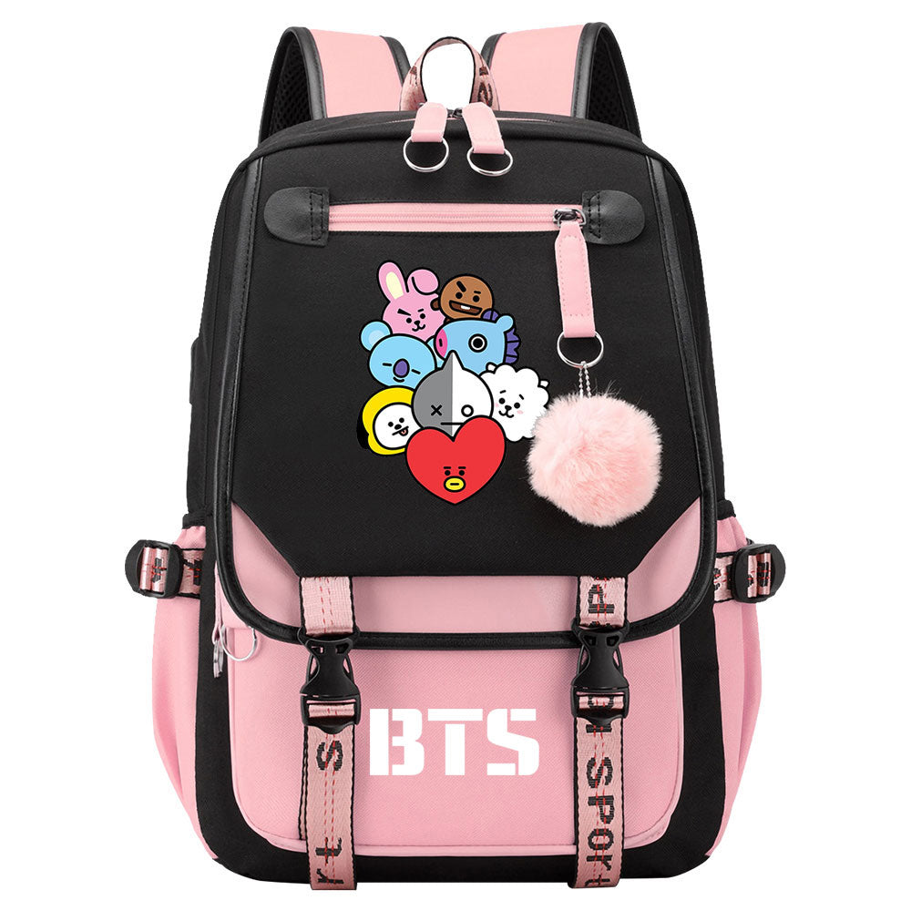 BTS Cartoon Waterproof Backpack School Notebook Travel Bag USB Charging