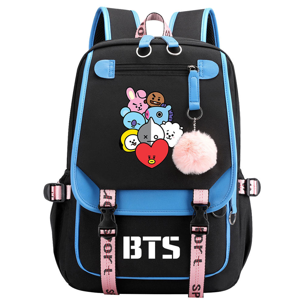 BTS Cartoon Waterproof Backpack School Notebook Travel Bag USB Charging