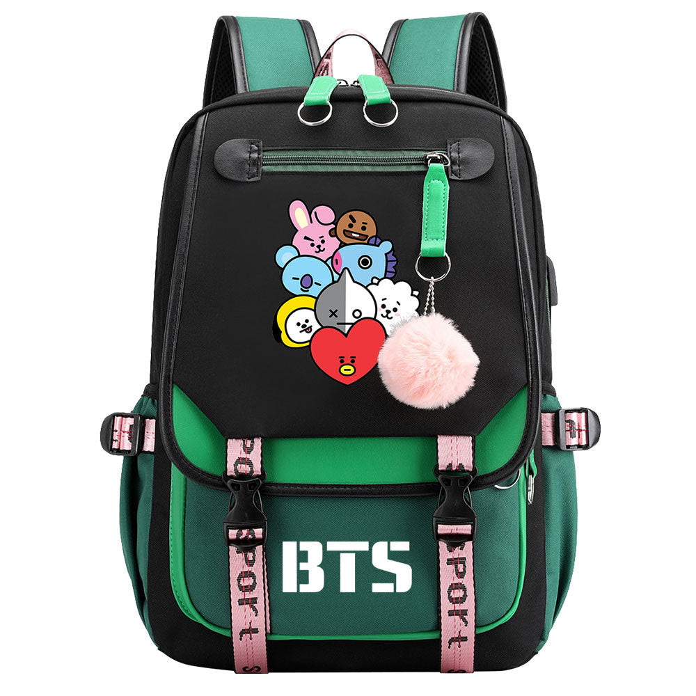 BTS Cartoon Waterproof Backpack School Notebook Travel Bag USB Charging