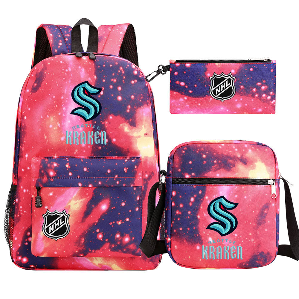 Seattle Kraken Hockey League Printed Schoolbag Backpack Shoulder Bag Pencil Bag 3pcs set for Kids Students