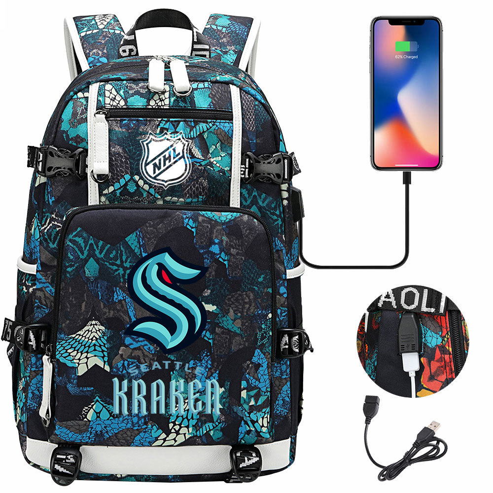 Seattle Kraken Hockey League USB Charging Backpack School Notebook Travel Bags