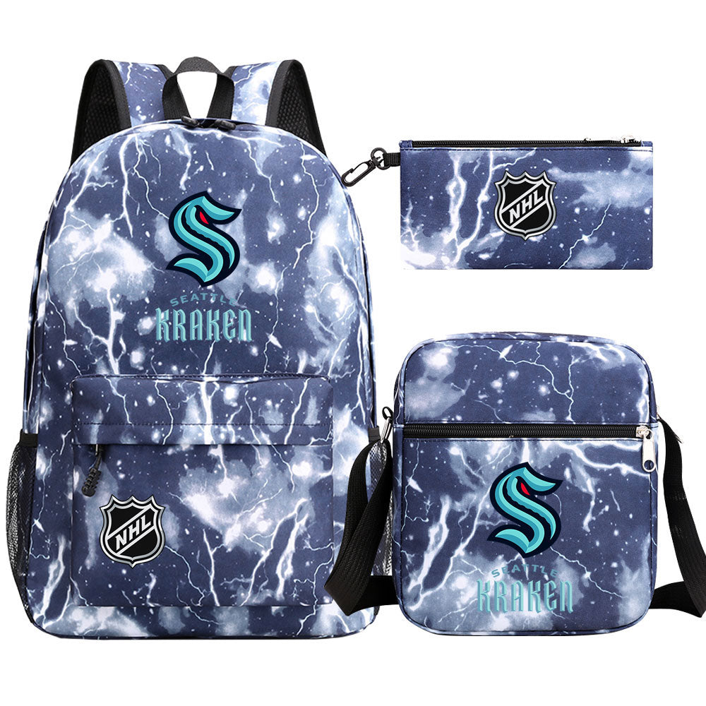 Seattle Kraken Hockey League Printed Schoolbag Backpack Shoulder Bag Pencil Bag 3pcs set for Kids Students