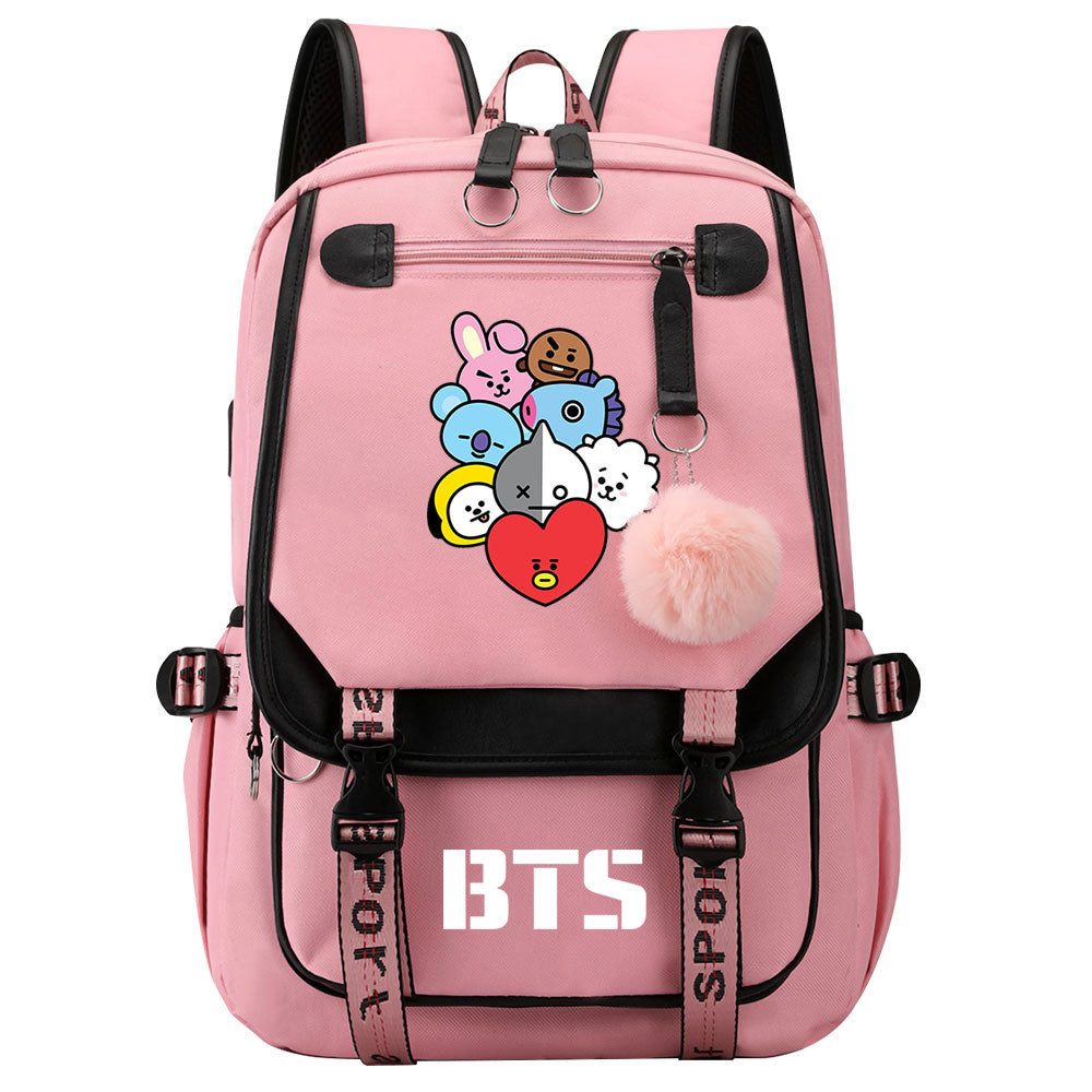 BTS Cartoon Waterproof Backpack School Notebook Travel Bag USB Charging