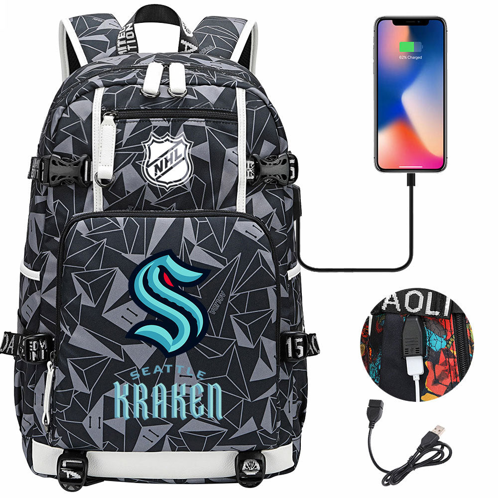 Seattle Kraken Hockey League USB Charging Backpack School Notebook Travel Bags