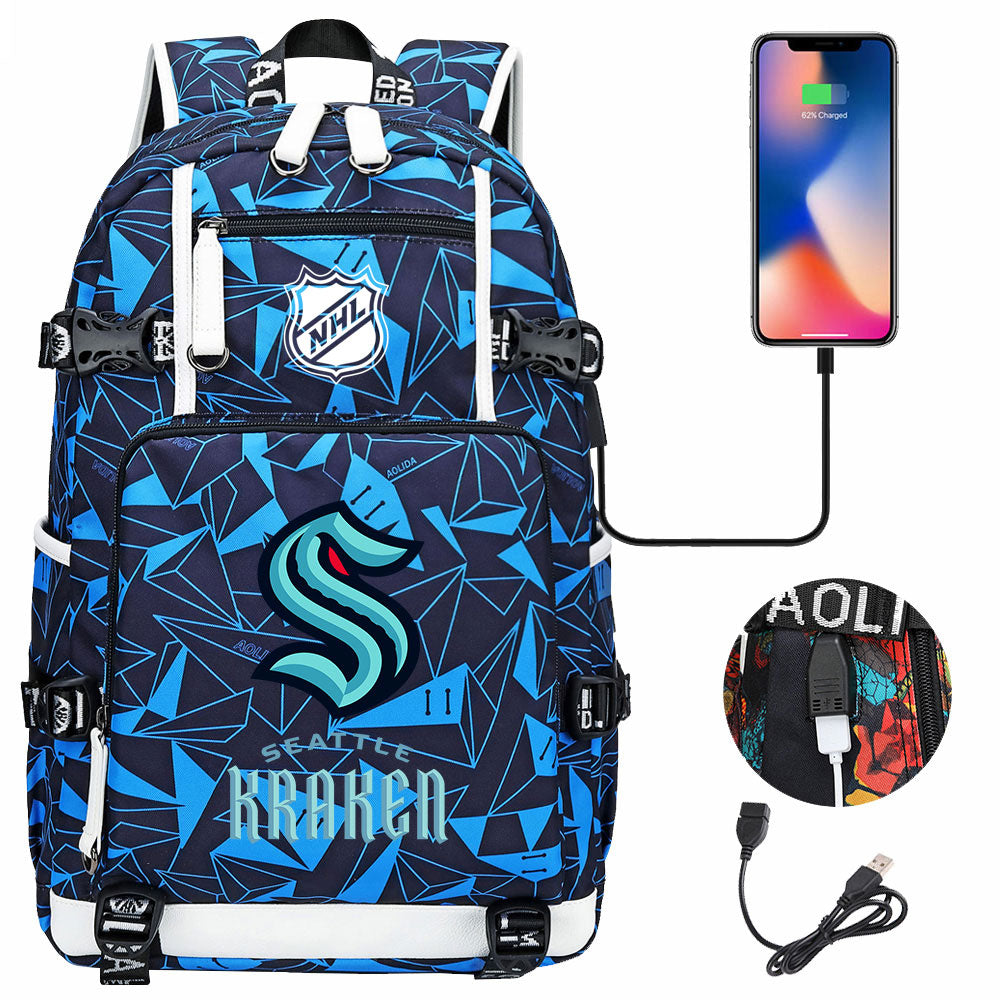 Seattle Kraken Hockey League USB Charging Backpack School Notebook Travel Bags