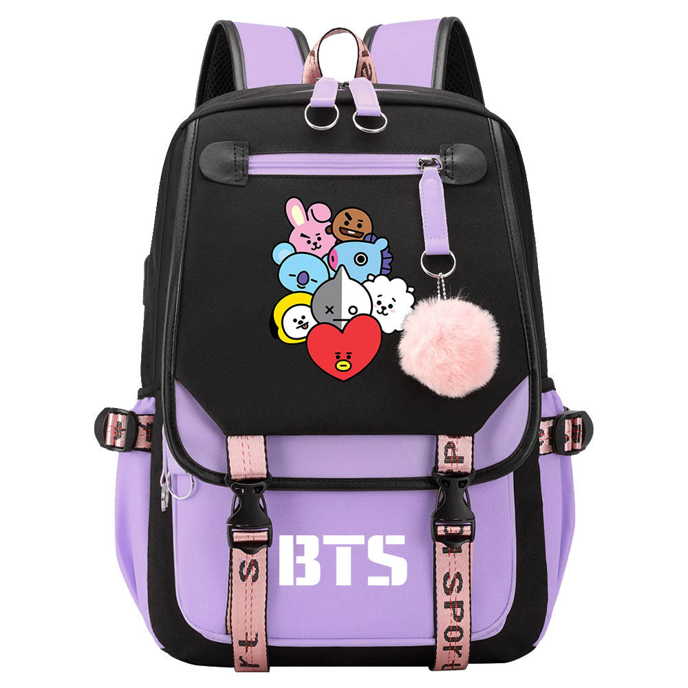 BTS Cartoon Waterproof Backpack School Notebook Travel Bag USB Charging