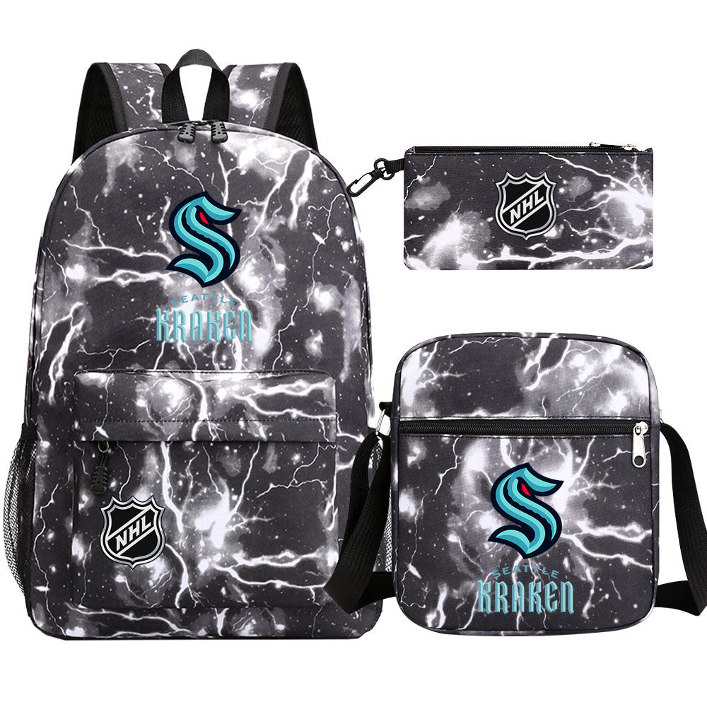 Seattle Kraken Hockey League Printed Schoolbag Backpack Shoulder Bag Pencil Bag 3pcs set for Kids Students