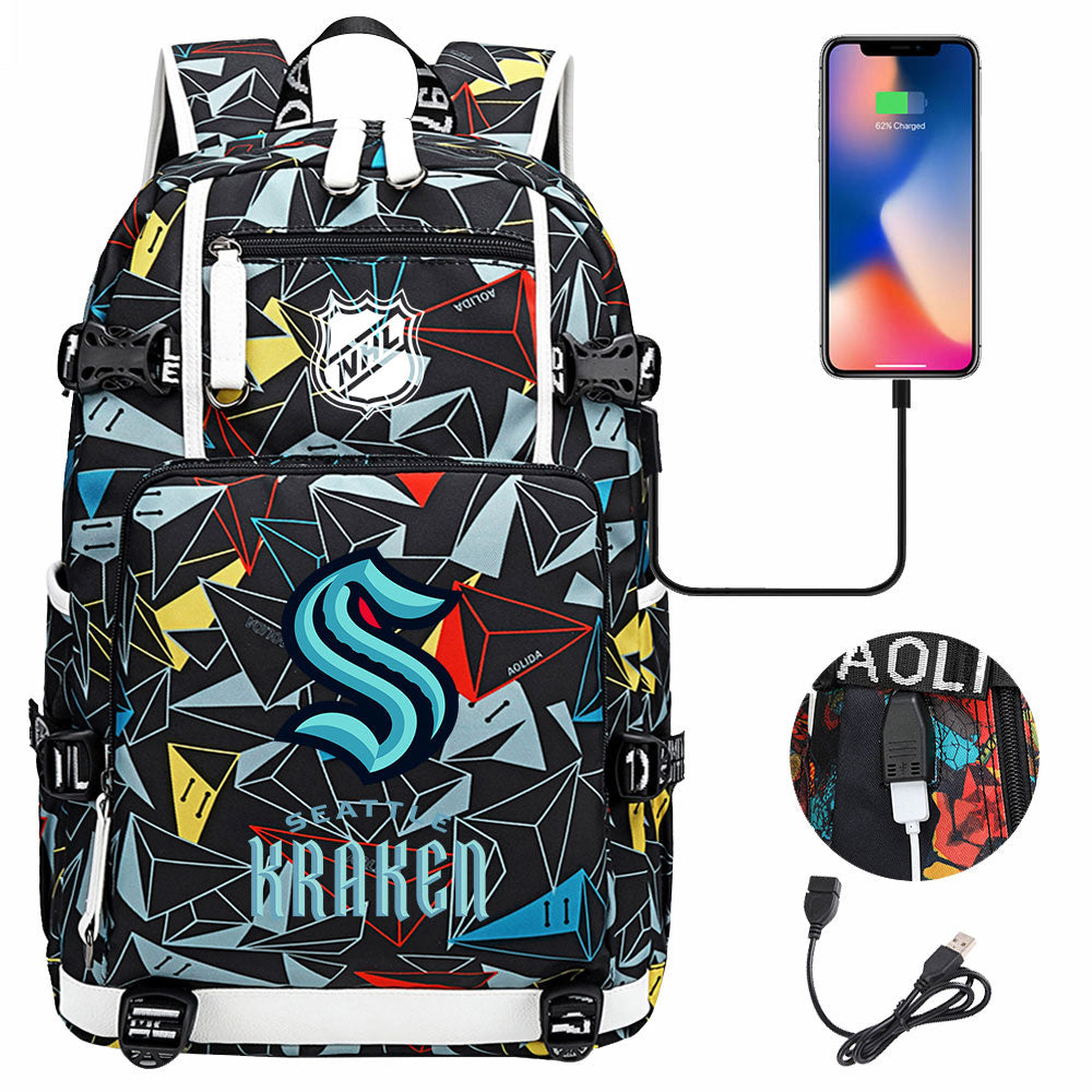 Seattle Kraken Hockey League USB Charging Backpack School Notebook Travel Bags