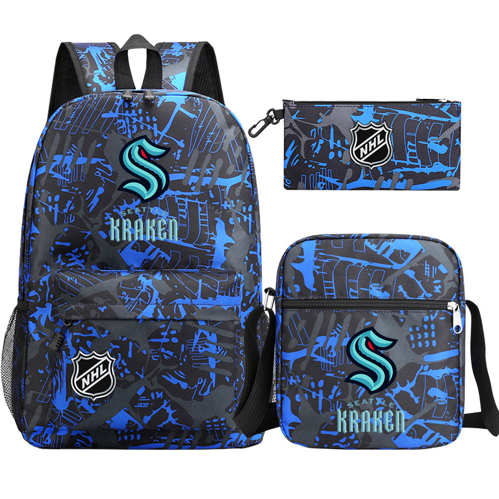 Seattle Kraken Hockey League Printed Schoolbag Backpack Shoulder Bag Pencil Bag 3pcs set for Kids Students