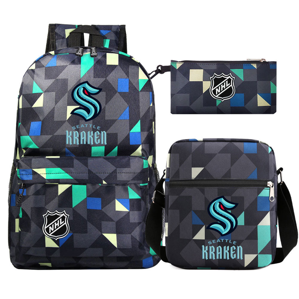 Seattle Kraken Hockey League Printed Schoolbag Backpack Shoulder Bag Pencil Bag 3pcs set for Kids Students