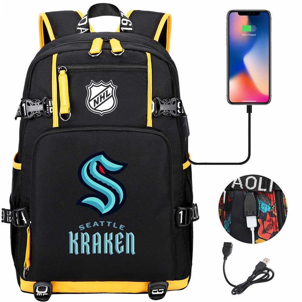 Seattle Kraken Hockey League USB Charging Backpack School Notebook Travel Bags