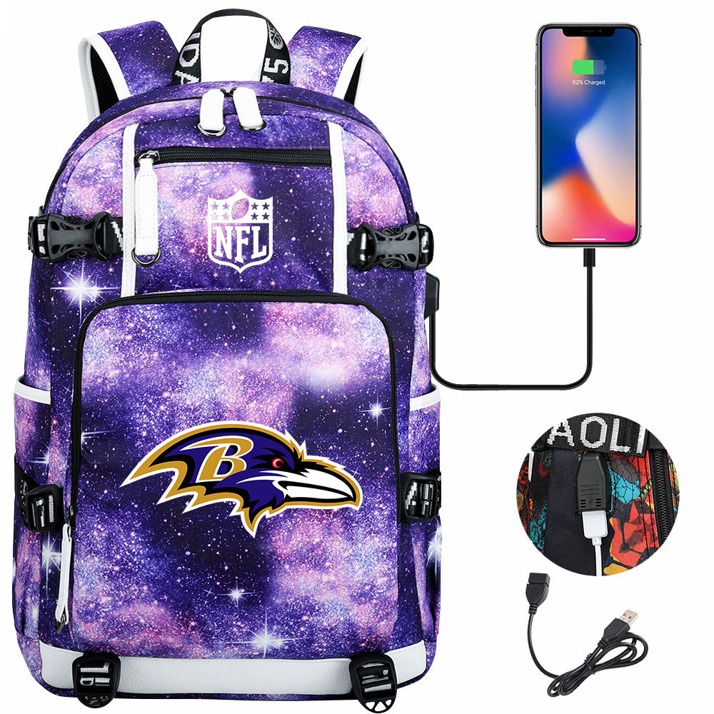 Baltimore Ravens Football Team USB Charging Backpack School Notebook Travel Bags