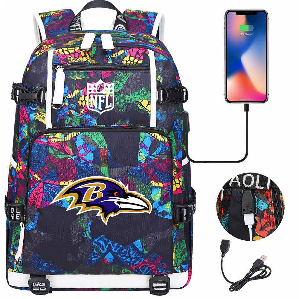 Baltimore Ravens Football Team USB Charging Backpack School Notebook Travel Bags