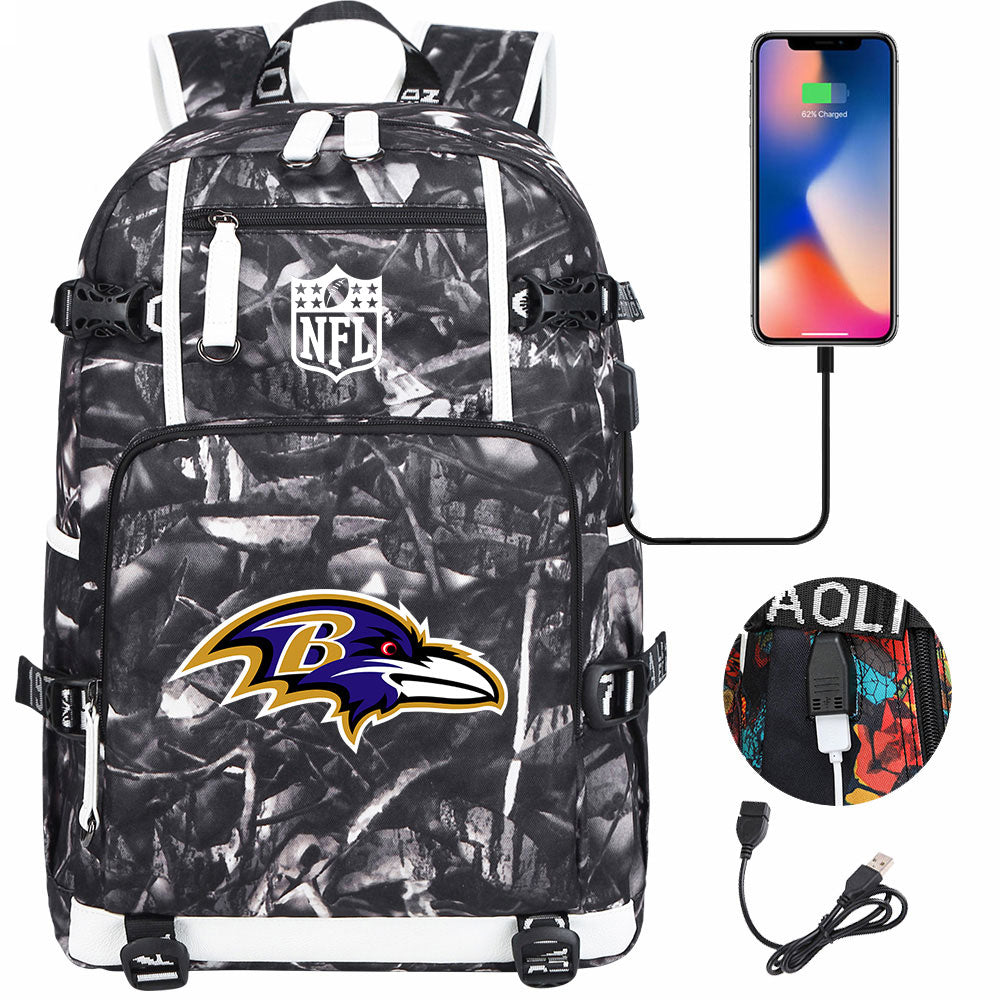 Baltimore Ravens Football Team USB Charging Backpack School Notebook Travel Bags