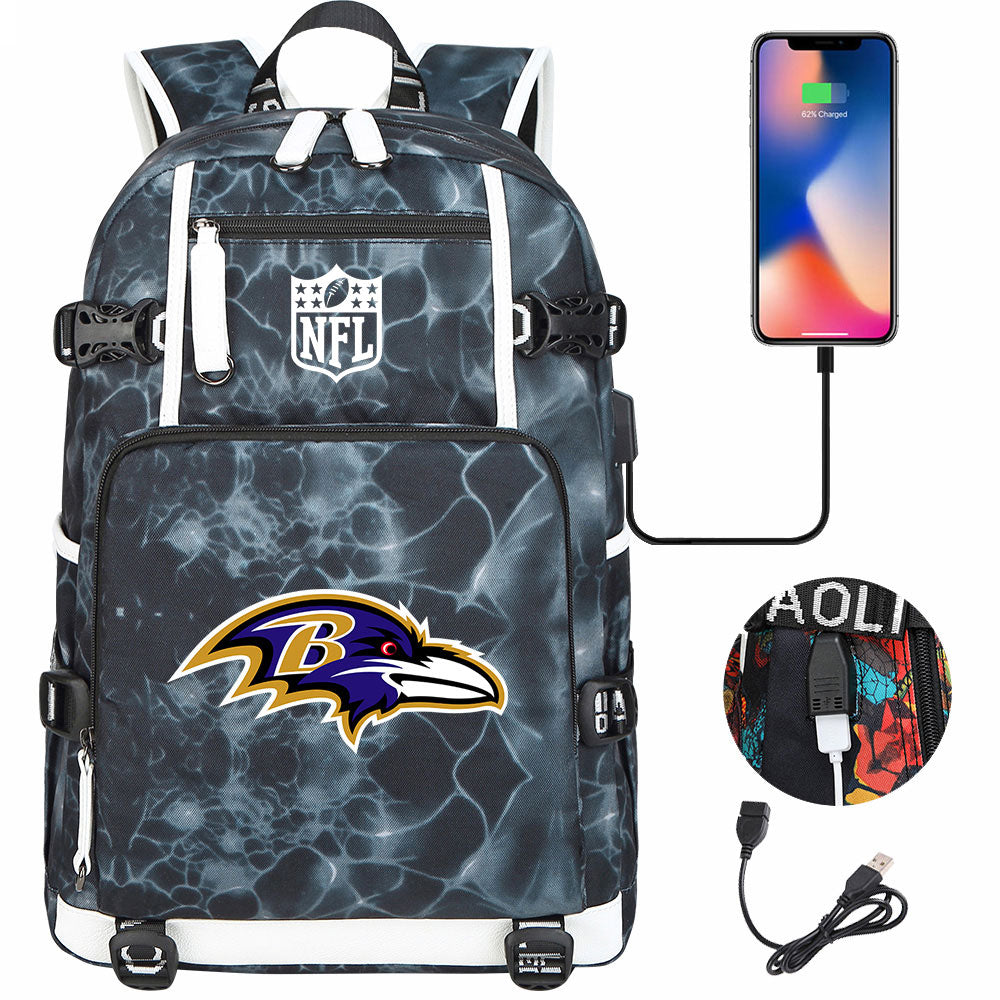 Baltimore Ravens Football Team USB Charging Backpack School Notebook Travel Bags