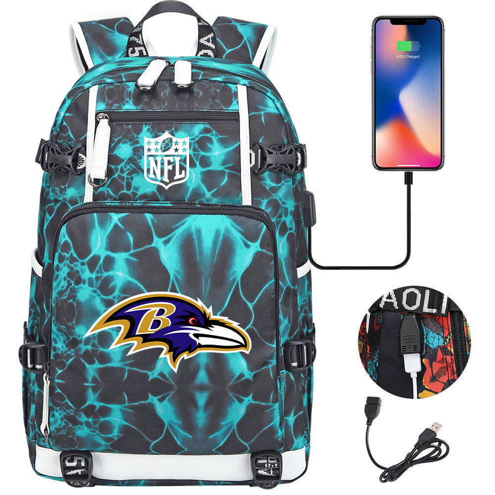 Baltimore Ravens Football Team USB Charging Backpack School Notebook Travel Bags