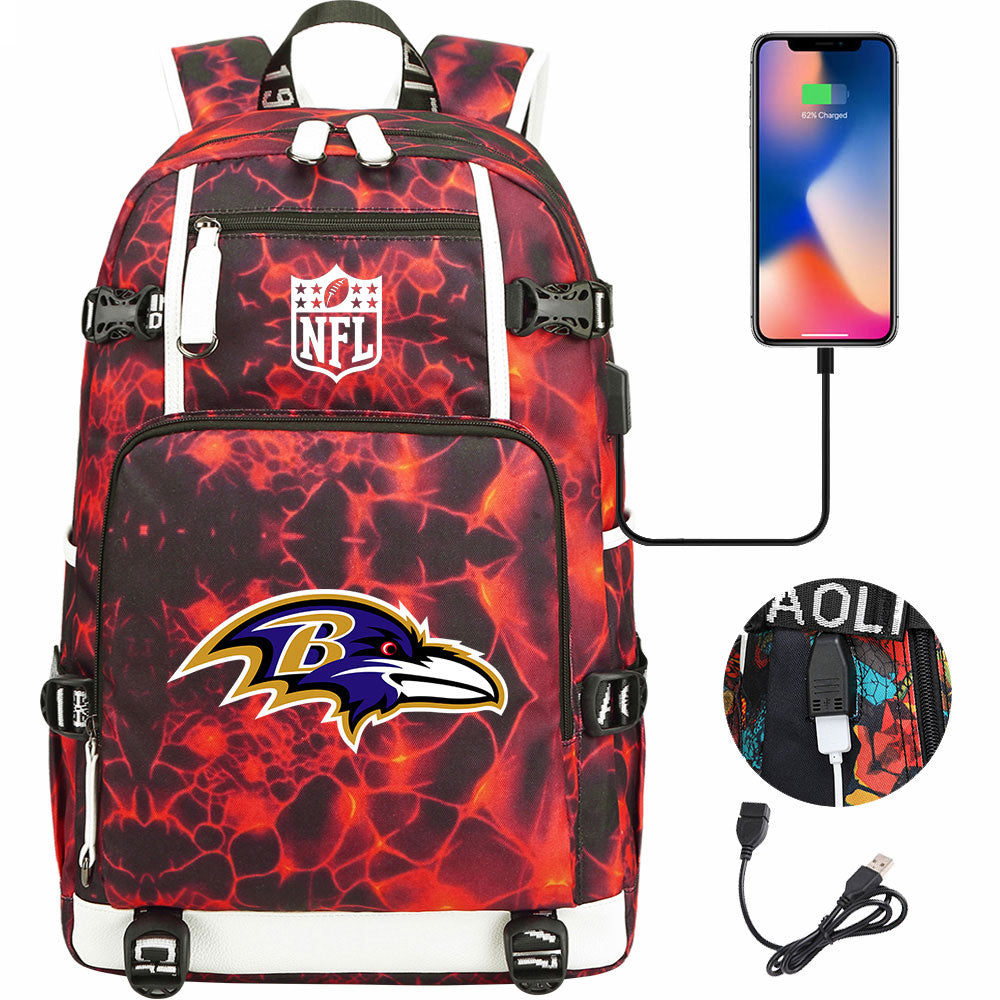 Baltimore Ravens Football Team USB Charging Backpack School Notebook Travel Bags