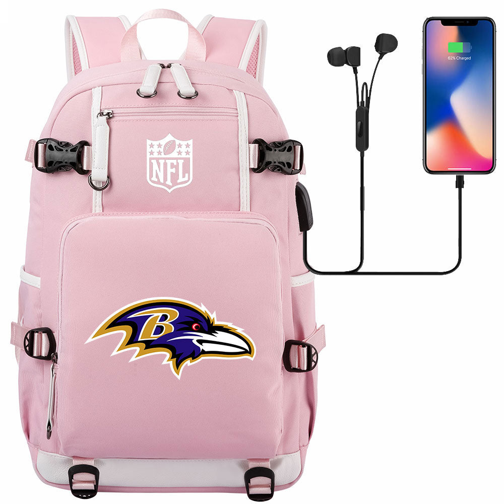 Baltimore Ravens Football Team USB Charging Backpack School Notebook Travel Bags