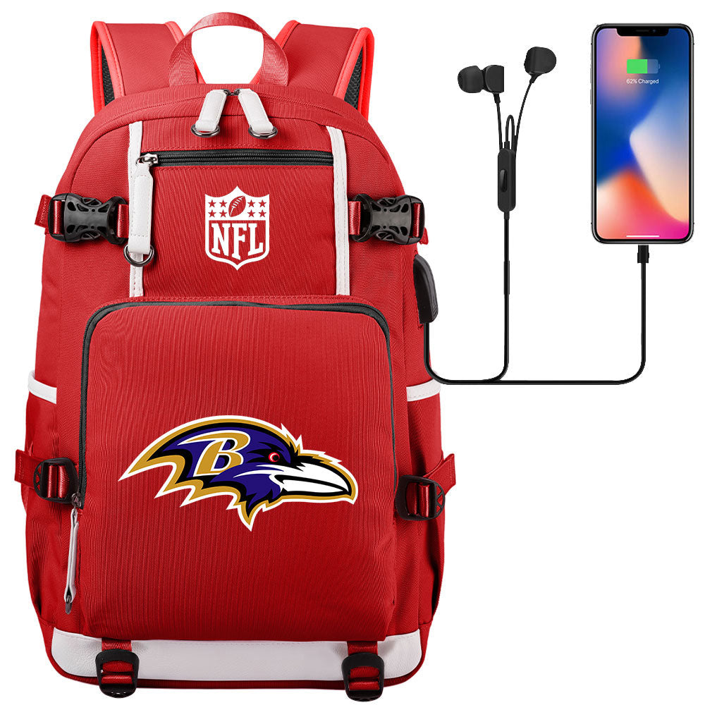 Baltimore Ravens Football Team USB Charging Backpack School Notebook Travel Bags