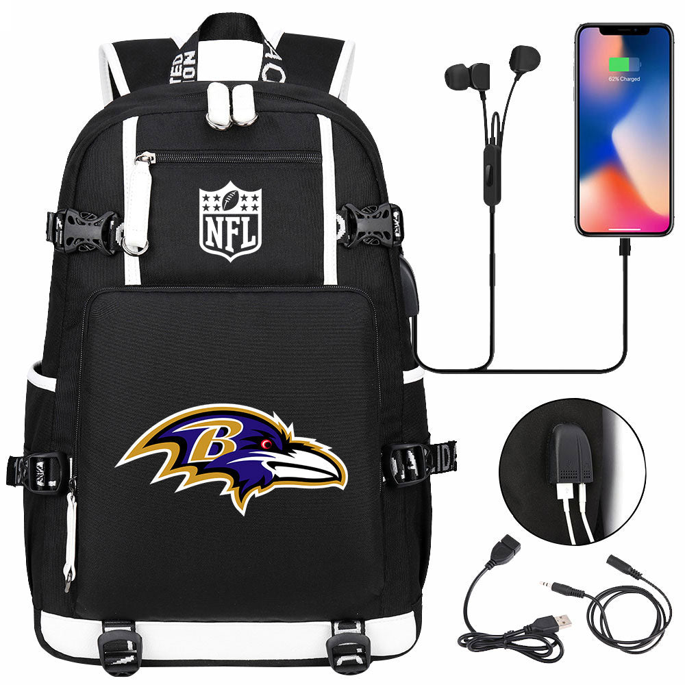 Baltimore Ravens Football Team USB Charging Backpack School Notebook Travel Bags