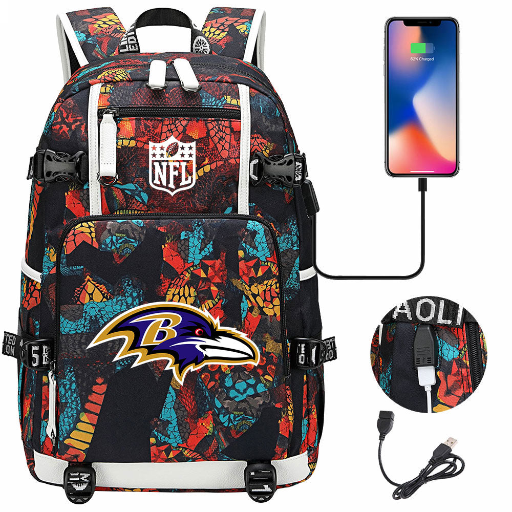 Baltimore Ravens Football Team USB Charging Backpack School Notebook Travel Bags