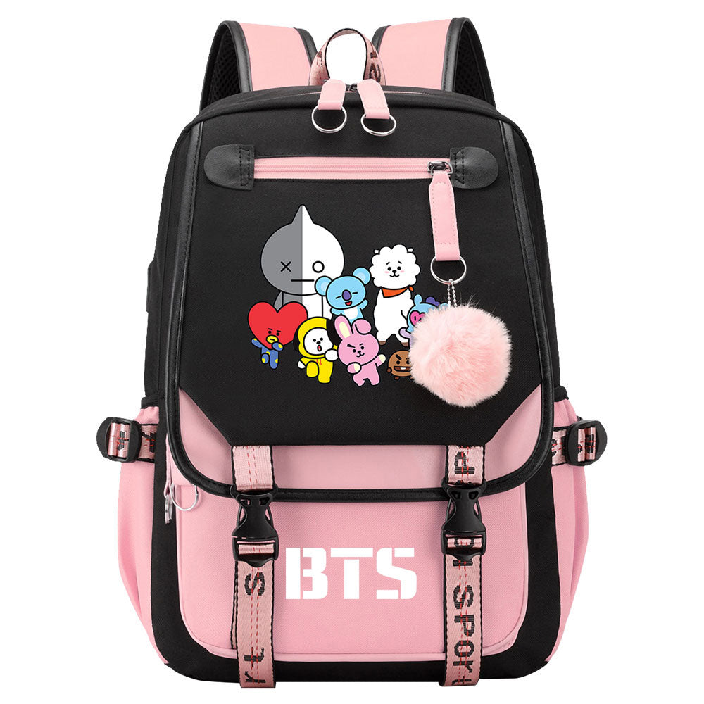 BTS Cartoon Waterproof Backpack School Notebook Travel Bag USB Charging