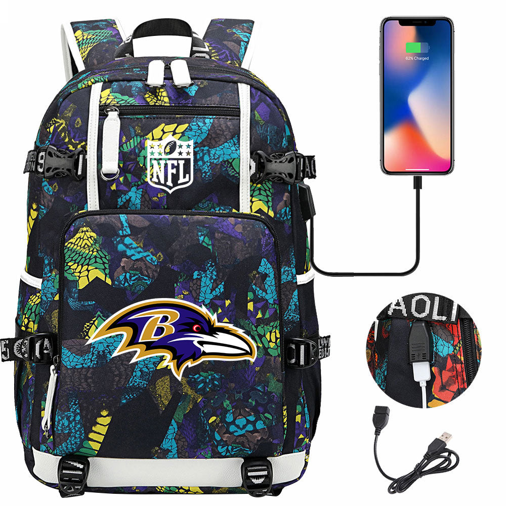 Baltimore Ravens Football Team USB Charging Backpack School Notebook Travel Bags