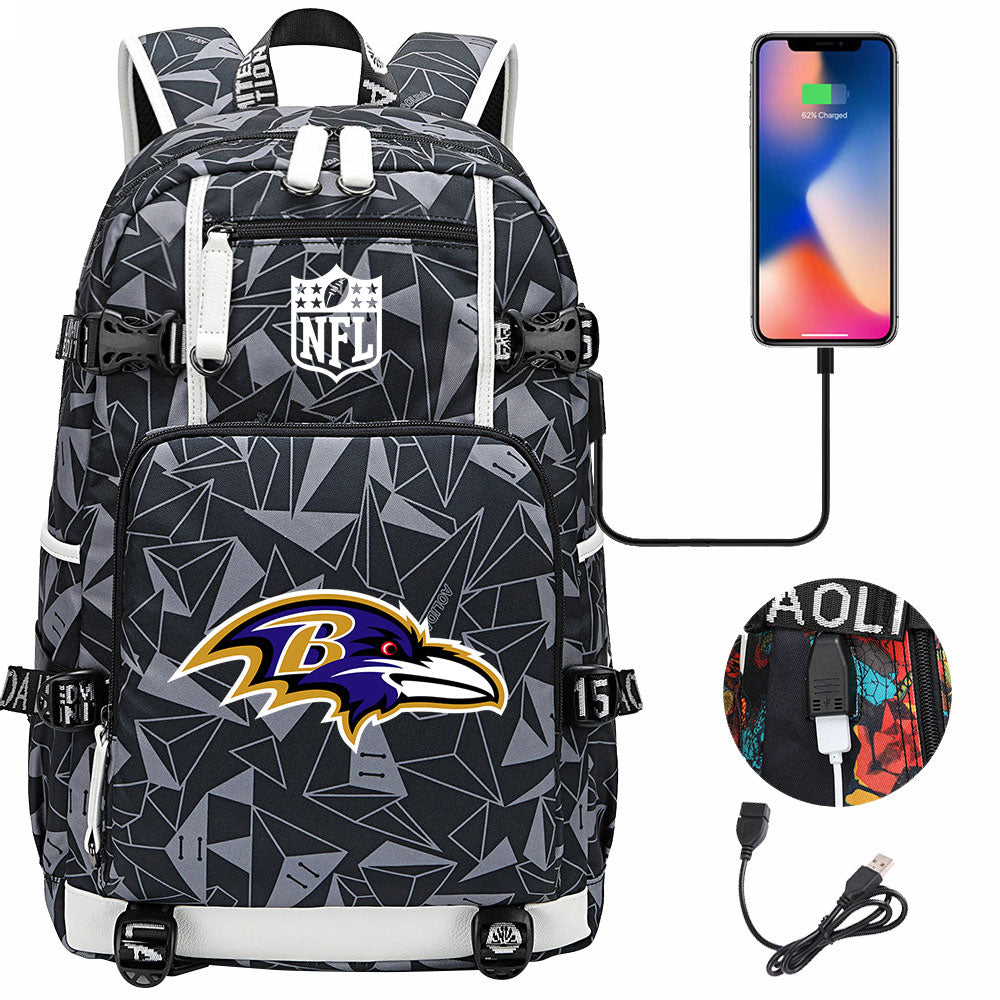 Baltimore Ravens Football Team USB Charging Backpack School Notebook Travel Bags