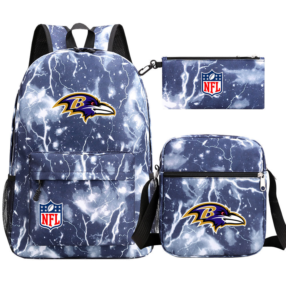 Baltimore Ravens Football Team Printed Schoolbag Backpack Shoulder Bag Pencil Bag 3pcs set for Kids Students