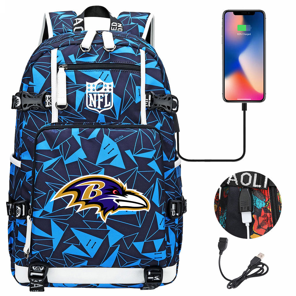 Baltimore Ravens Football Team USB Charging Backpack School Notebook Travel Bags