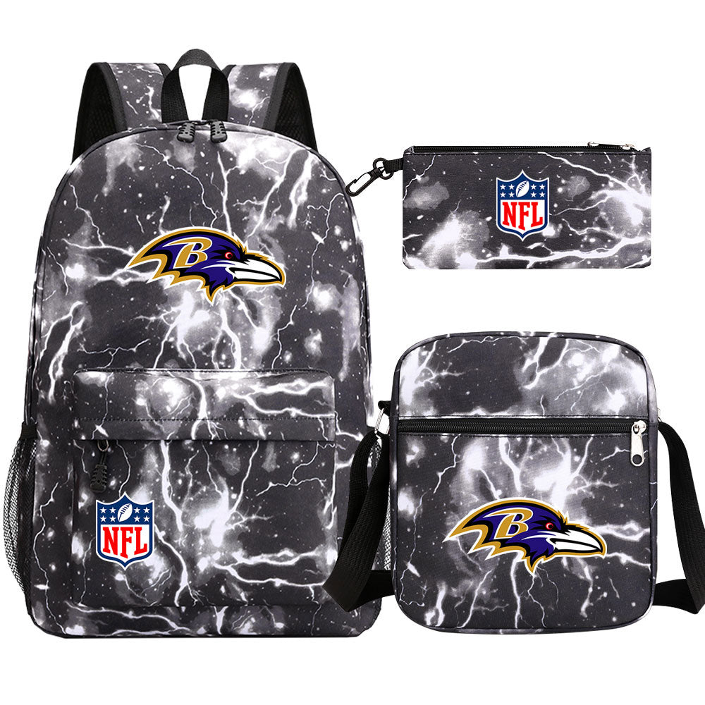 Baltimore Ravens Football Team Printed Schoolbag Backpack Shoulder Bag Pencil Bag 3pcs set for Kids Students