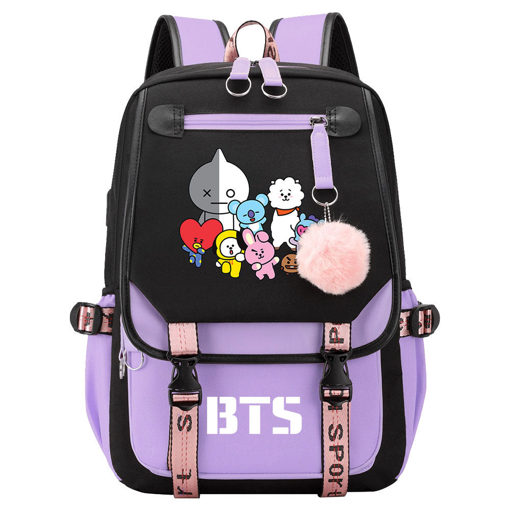 BTS Cartoon Waterproof Backpack School Notebook Travel Bag USB Charging