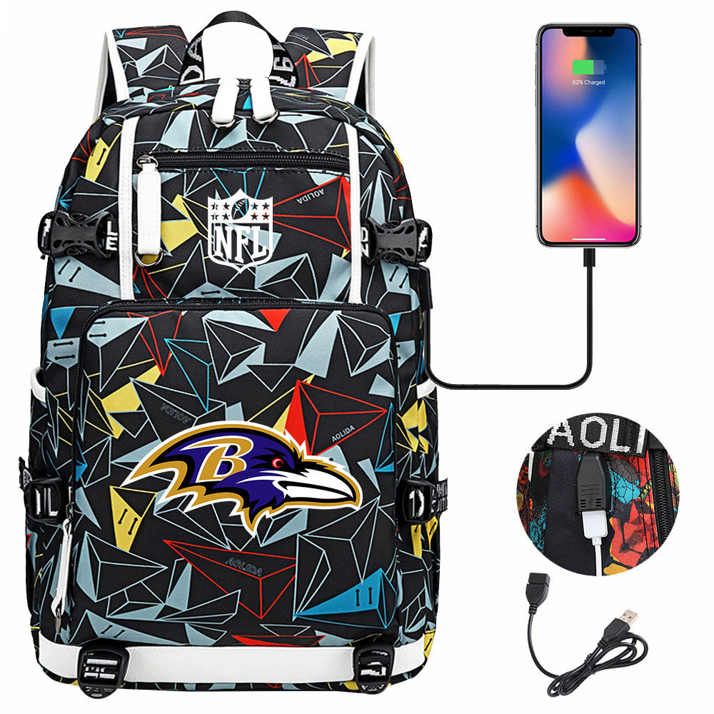 Baltimore Ravens Football Team USB Charging Backpack School Notebook Travel Bags