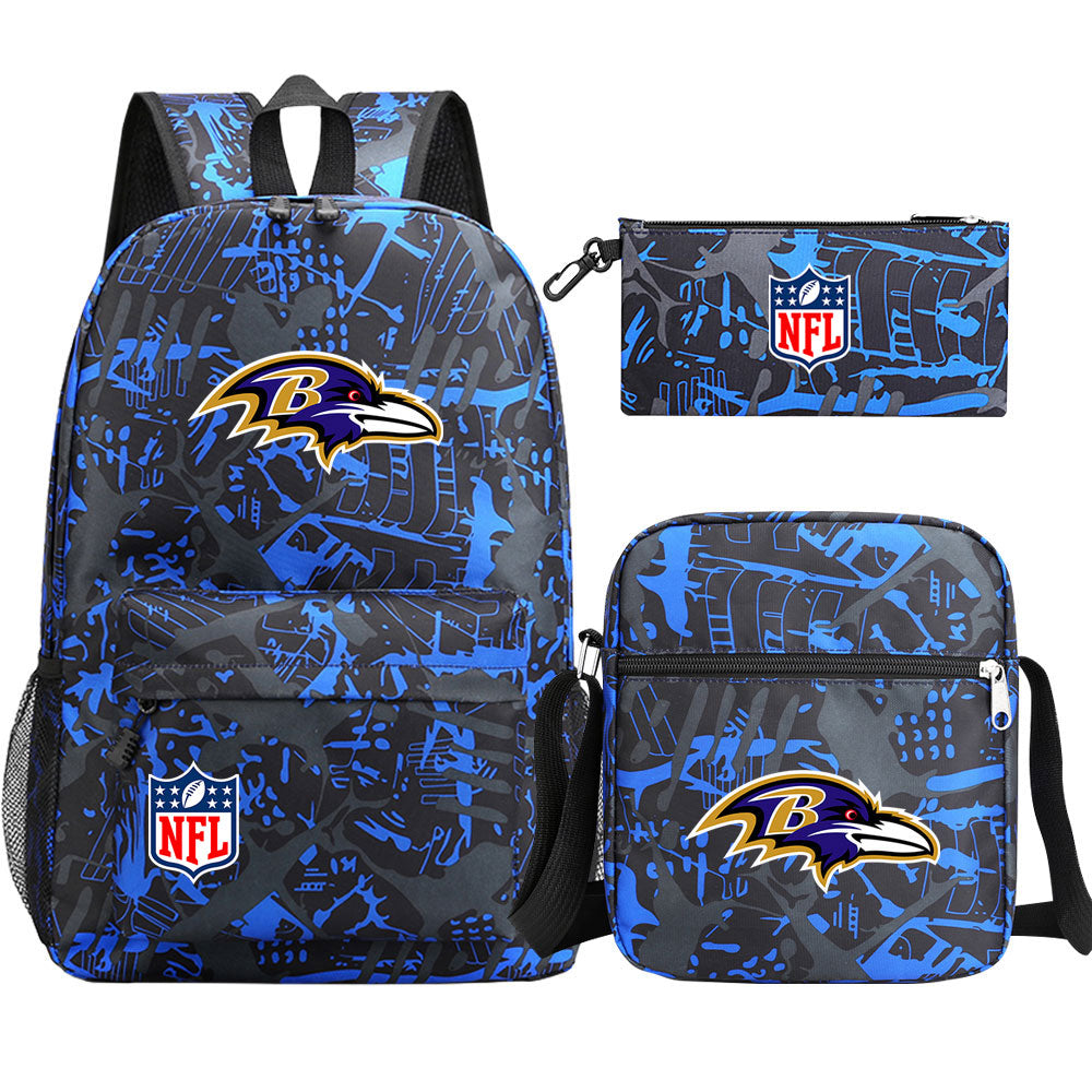 Baltimore Ravens Football Team Printed Schoolbag Backpack Shoulder Bag Pencil Bag 3pcs set for Kids Students