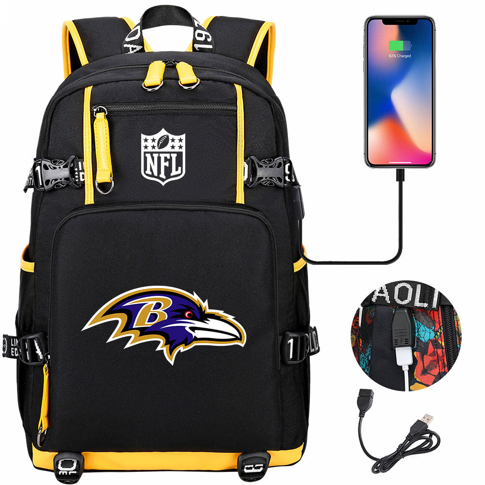 Baltimore Ravens Football Team USB Charging Backpack School Notebook Travel Bags