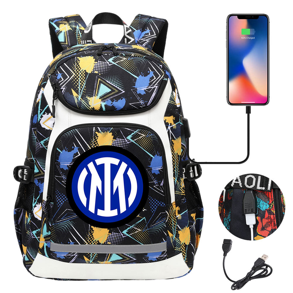 Internazionale Milano Football Club USB Charging Backpack School Notebook Travel Bags