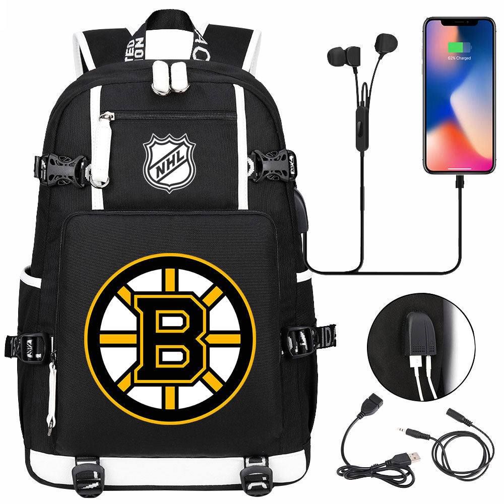 Boston Bruins Hockey League USB Charging Backpack School Notebook Travel Bags