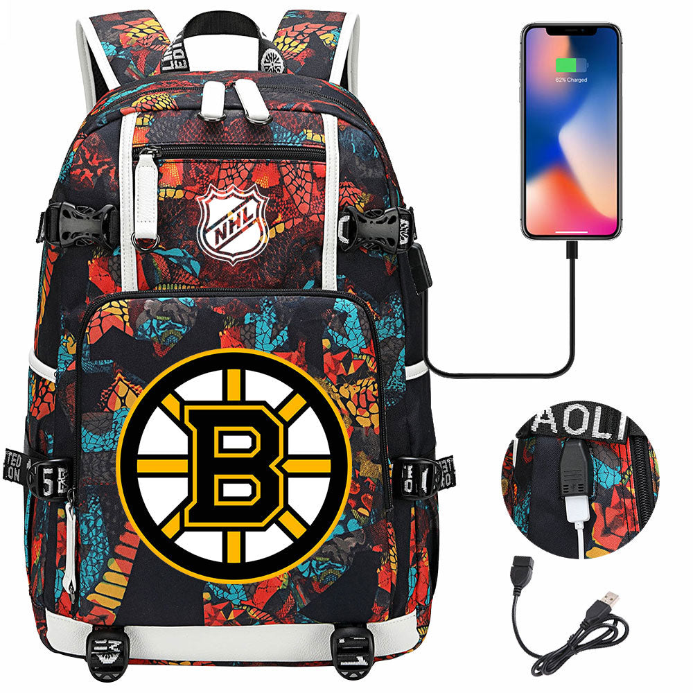 Boston Bruins Hockey League USB Charging Backpack School Notebook Travel Bags