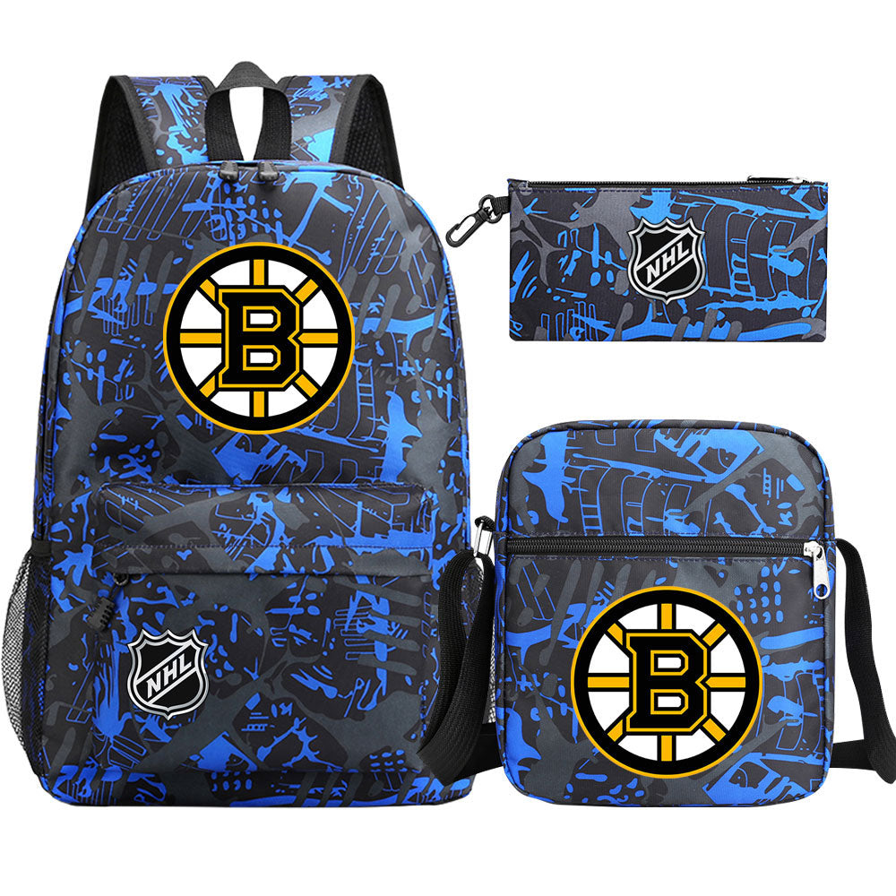 Boston Bruins Hockey League Printed Schoolbag Backpack Shoulder Bag Pencil Bag 3pcs set for Kids Students