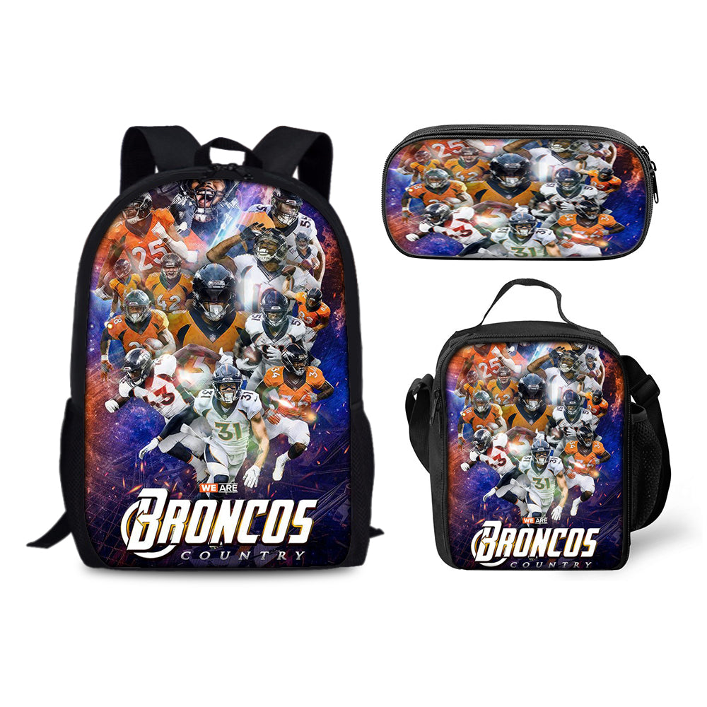 Denver Broncos Football Team Backpack Schoolbag Lunch Bag Pencil Bag for Kids Students 3PCS