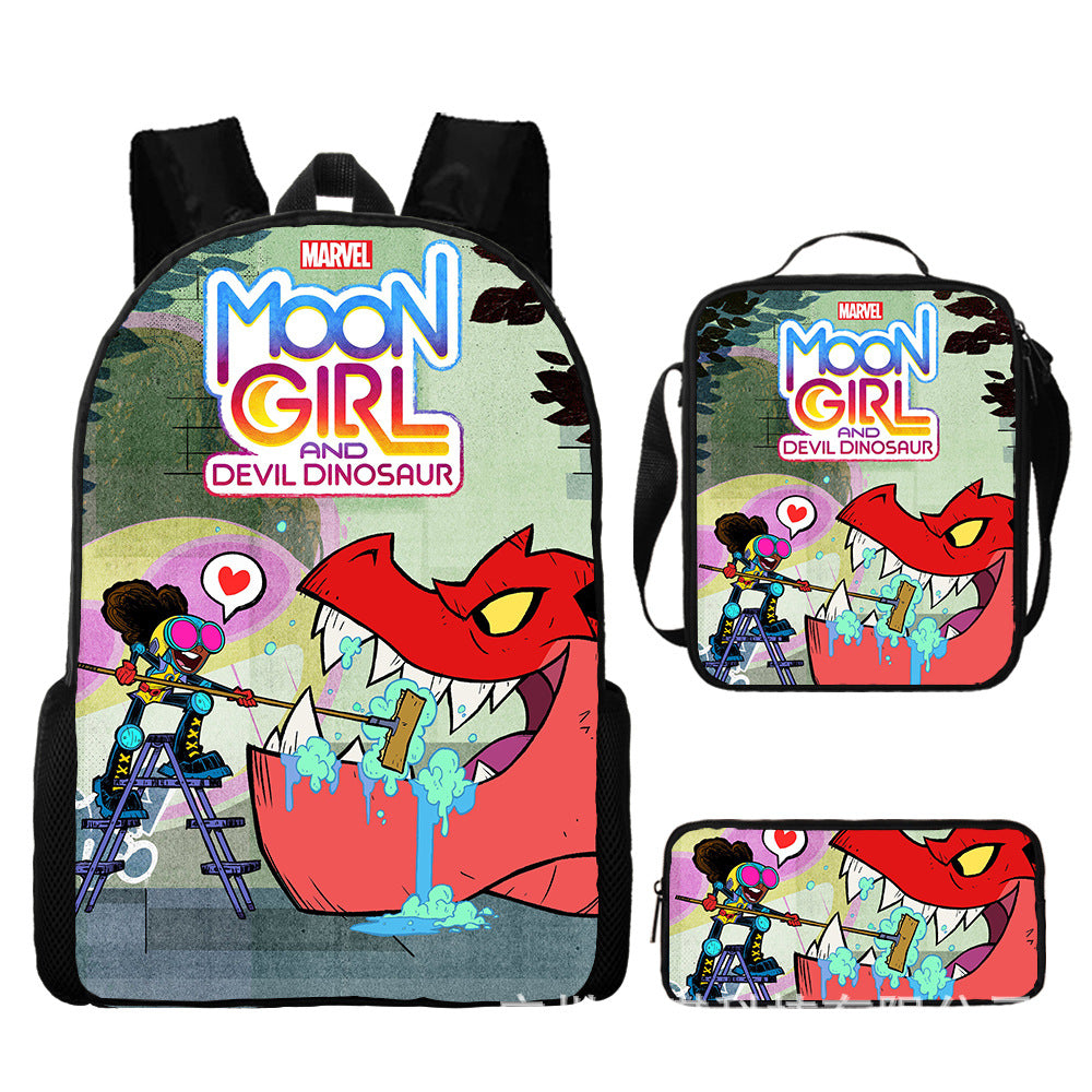 Moon Girl and Devil Dinosaur Full Printed Backpack Schoolbag Travel Notebook Bag Lunch Bag Pencil Bag for Kids Students 3PCS