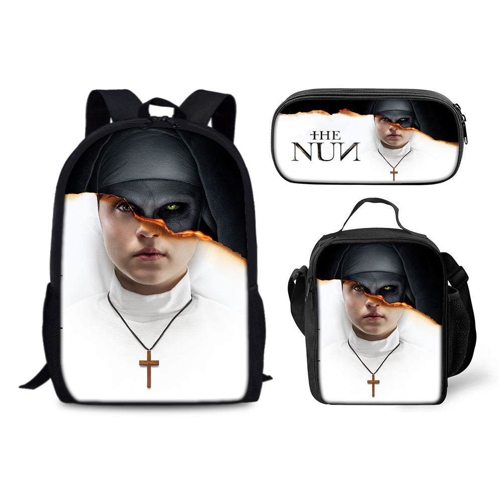 Nun Scary Movie Backpack Schoolbag Lunch Bag Pencil Bag for Kids Students 3PCS