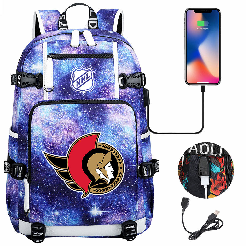 Ottawa Senators Hockey League USB Charging Backpack School Notebook Travel Bags