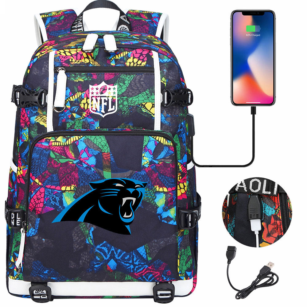 Carolina Panthers Football Team USB Charging Backpack School Notebook Travel Bags