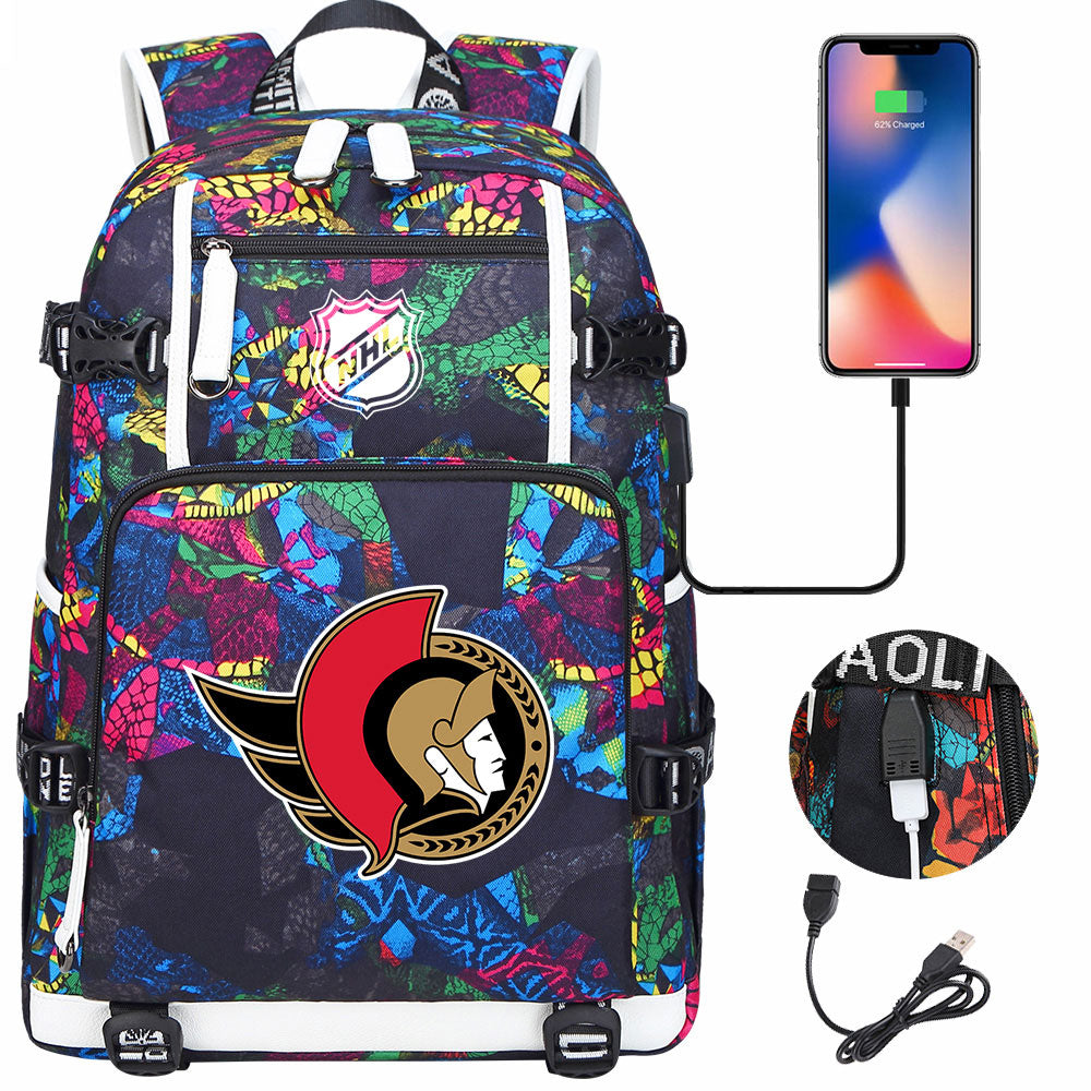 Ottawa Senators Hockey League USB Charging Backpack School Notebook Travel Bags