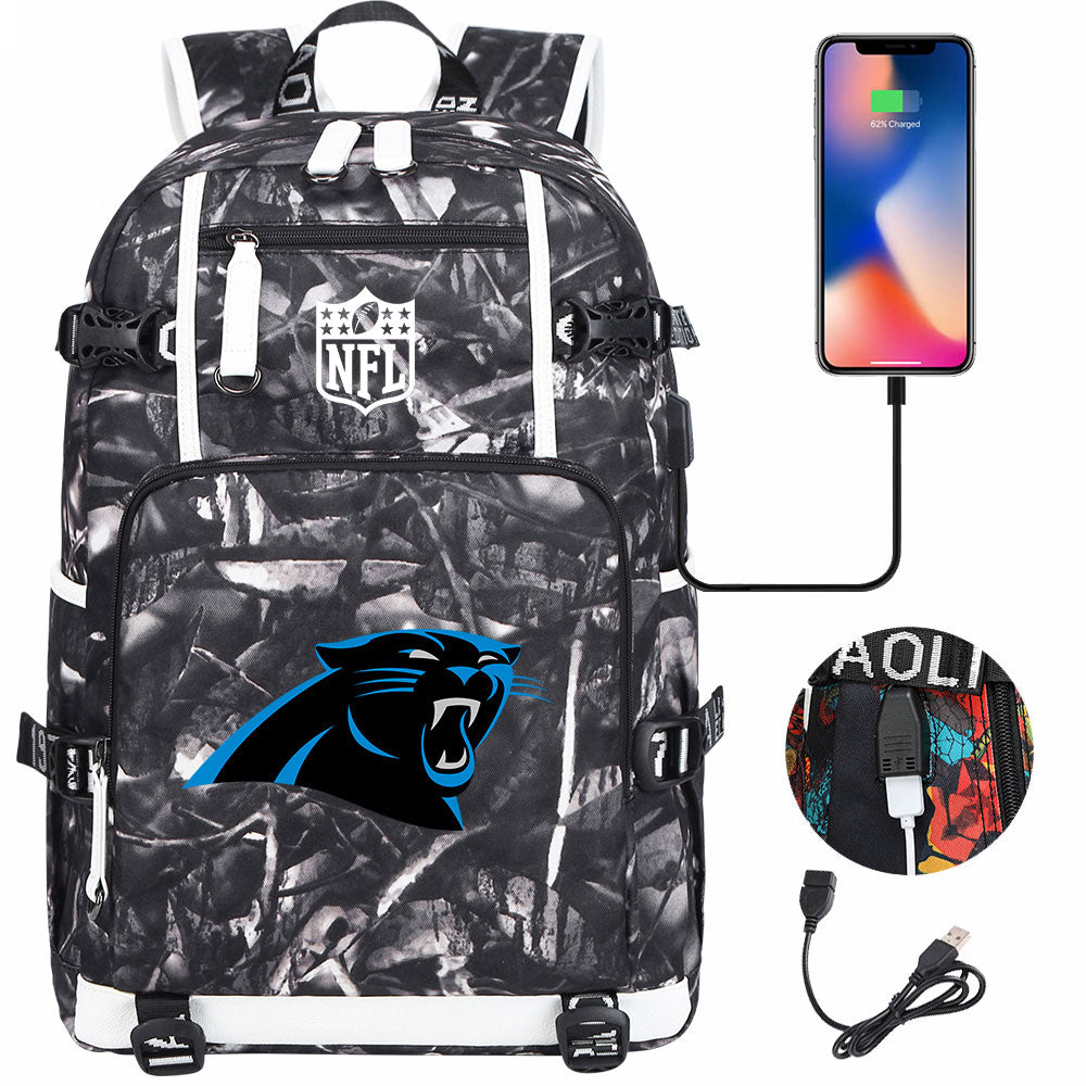 Carolina Panthers Football Team USB Charging Backpack School Notebook Travel Bags